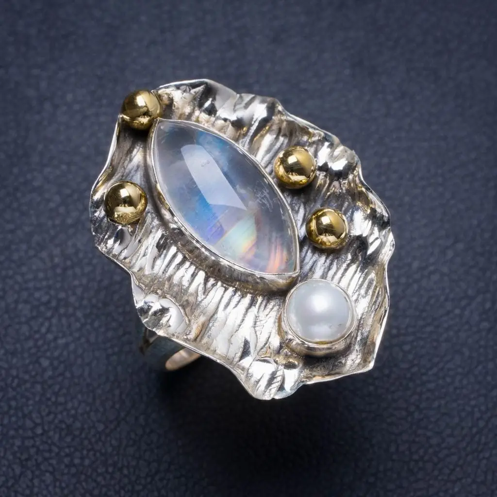 Кольцо из серебра 925 пробы с натуральным радужным лунный камень и речная Пераль