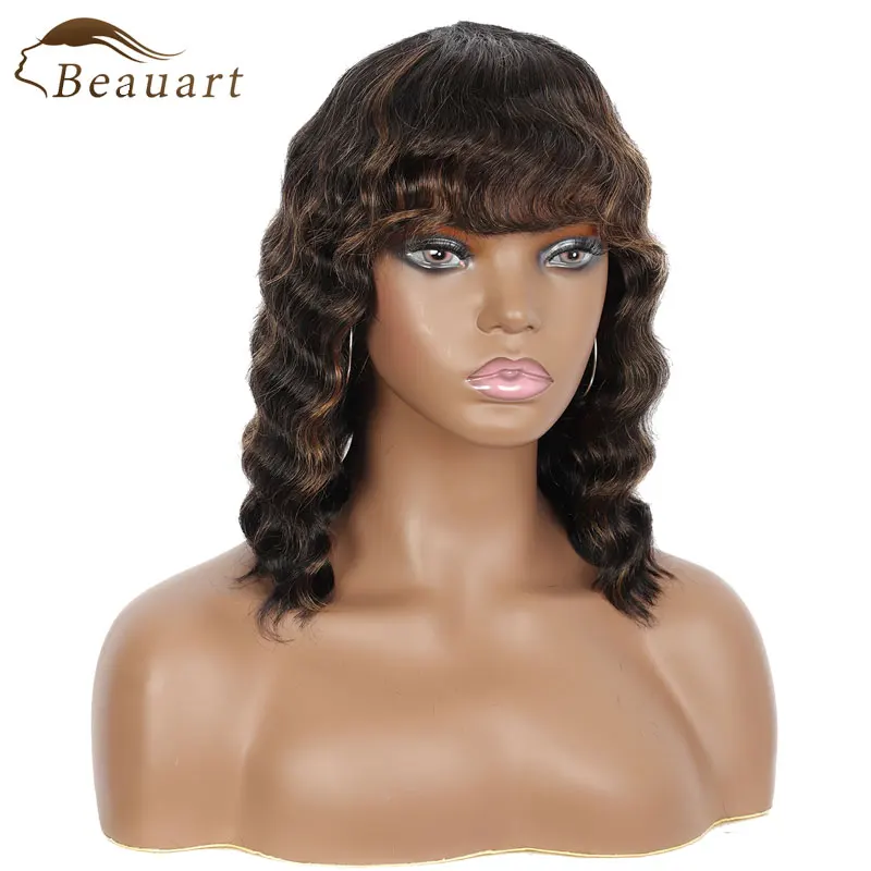 

Beauart Short Wavy Curly Wigs Body Wave 100% Human Hair Full Wig With Hair Bangs 13" For Women Ombre Brown None Lace Front Wig