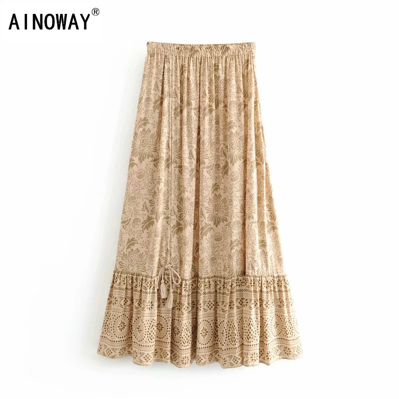 Винтажная шикарная модная женская пляжная богемная юбка с цветочным принтом и