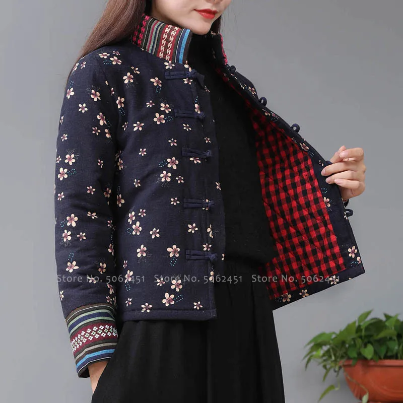 Женская теплая хлопковая куртка в традиционном китайском стиле с принтом ретро