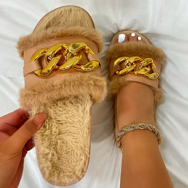 Шлепанцы женские меховые на плоской платформе зимние теплые | Обувь