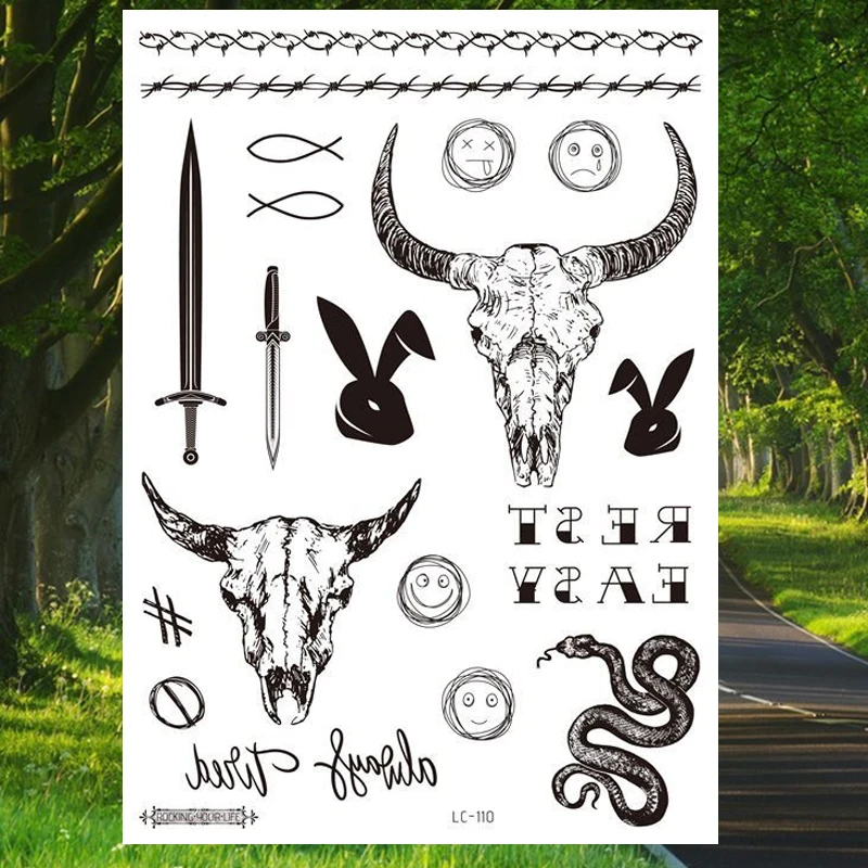 

Black Retro Temporary Tattoos Stickers for Men Women Sword Snake Cattle Cow Tatoo Waterproof Big Size Fake Tattoo Arm Art Tatoo