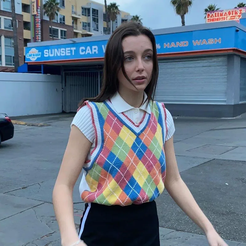 Женский трикотажный свитер без рукавов с ромбовидной решеткой повседневный