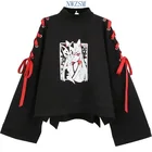 Летняя женская одежда с принтом аниме лисы перекрестной ленты Женская Лолита девушки Харадзюку Весенняя черная верхняя юбка худи