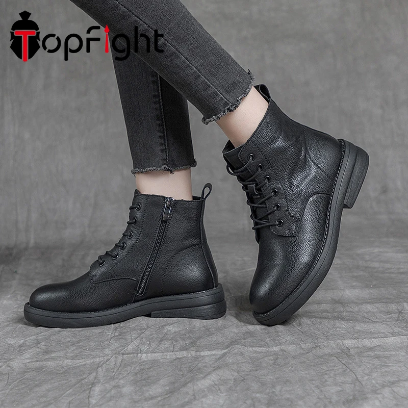 

Topfight Round Toe Platform Motorcycle Boots Leather Women Retro Lace-up Boots Men Women Ankle Boots Autumn Fashion Platform
