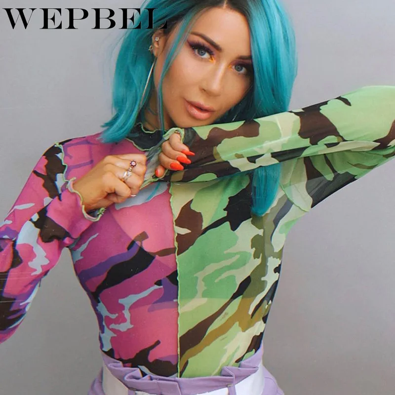 

Mandylandy Women Autumn See Through Patchwork Camouflage T-shirt Top Lady Casual Long Sleeve Skinny Overalls Shirt