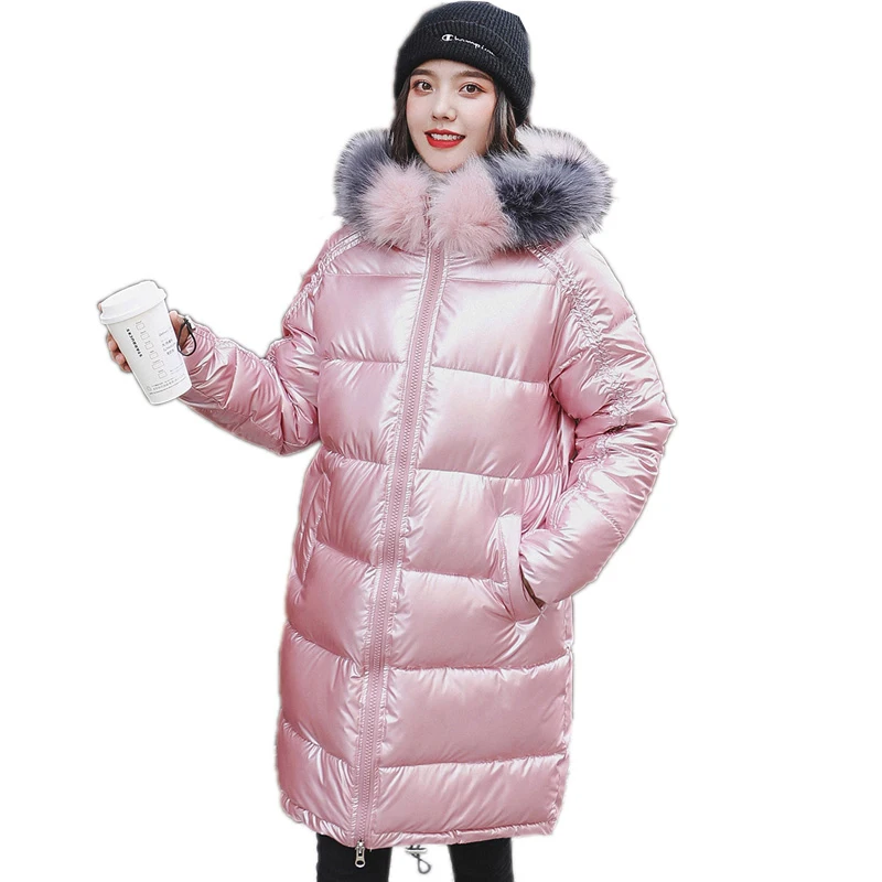 Женская зимняя куртка с меховым капюшоном блестящее пальто верхняя одежда