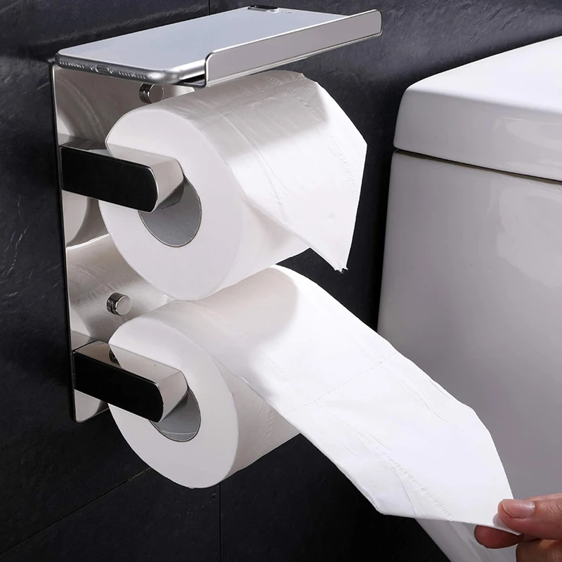 Double Roll Toilet Paper Holder Wall Mounted with Shelf SUS 304 Stainless Steel Bathroom Accessories Tissue Dispenser Stor | Обустройство