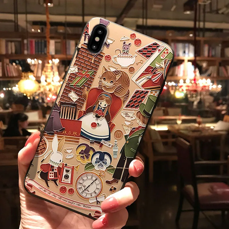 Wonderland Embossed Phone Case for Samsung S8 9 10 20 21 22 Ultra Plus Note 8 9 10 20 Ultra Plus Cartoon Bear Soft Back Covers