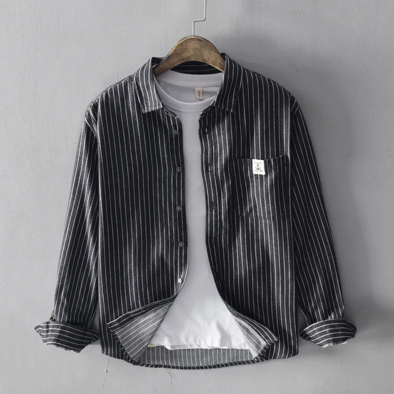 Мужская хлопковая рубашка в полоску с длинным рукавом и карманом черная серая