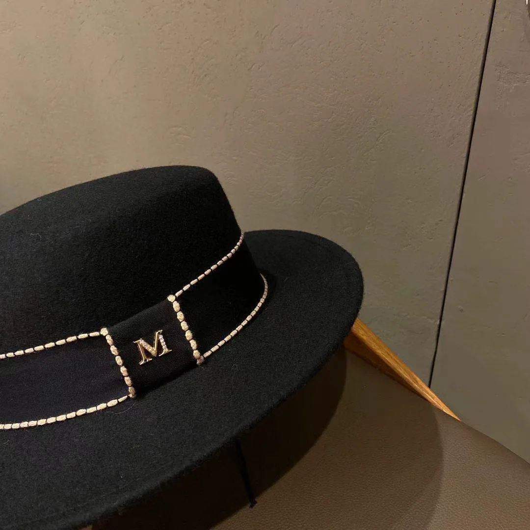 

Wool Hat French Elegant Flat Top INS Retro Wild Wide Brim Woolen Hat
