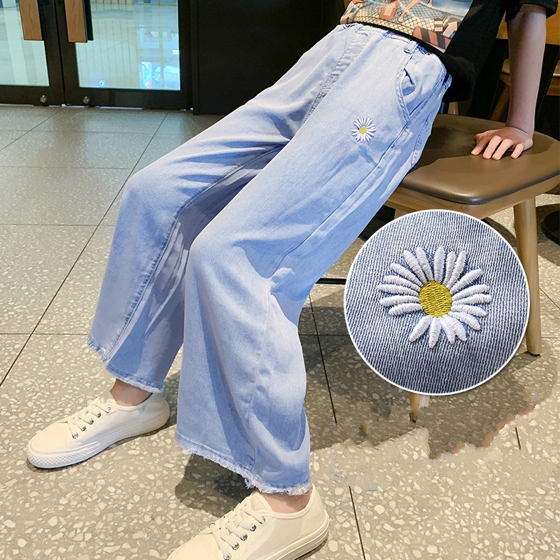 Летние штаны для школьниц мягкие тонкие джинсы с широкими штанинами