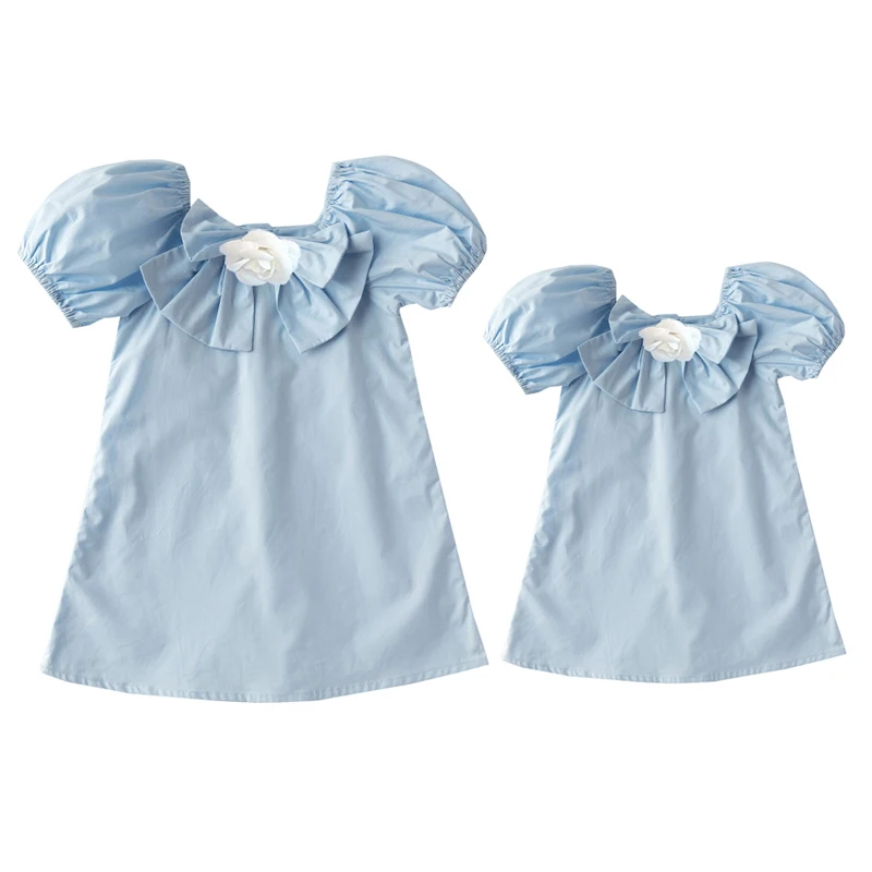 

Mom And Daughter Family Clothes 2021 New Summer Children Clothes 2 - 8 Years Baby Girls Basic Simple School Style Big Bow Frocks