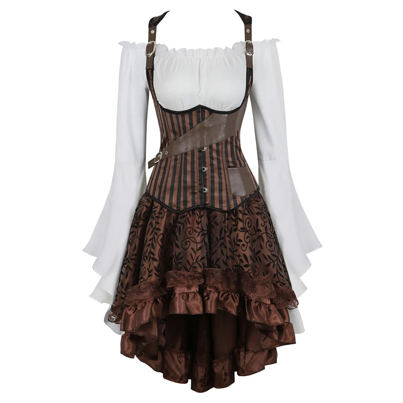 underbust steampunk corset dress top skirt 3-piece costume cosplay gothic punk corsets bustier pirate burlesque vintage korsett