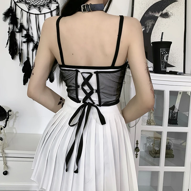 

Punk Metal Chain Black Corset Mall Goth High Waist Corsets Harajuku Vintage Mesh See Through Waist Shaper Women Corsets