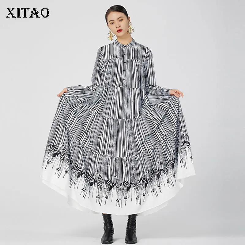 

Женское платье с принтом зебры XITAO, повседневное свободное платье большого размера с длинными рукавами в стиле пэчворк, GWJ2044