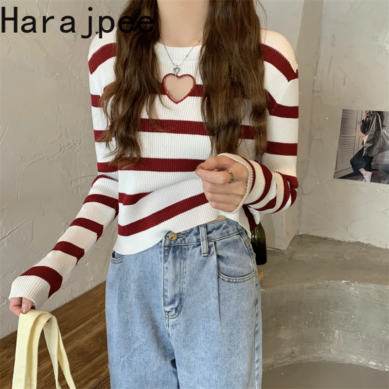 

Женский свитер в полоску Harajpee, Нежный свитер в Корейском стиле с длинными рукавами и вырезами, Осень-зима 2021