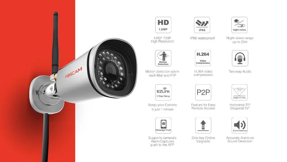 Foscam FI9800P 720P Беспроводная HD IP Bullet CCTV камера с 65 футов ночного видения-серебро