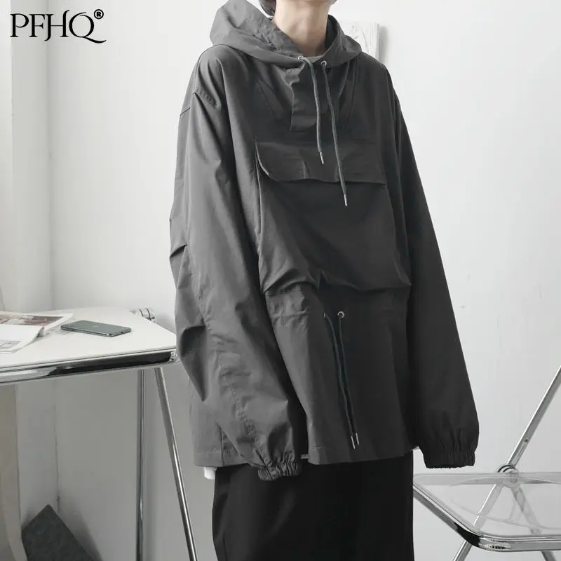 

PFHQ 2021 Men Fashion Loose Solid Color Stitching Korean Large Chest Pocket Decoration Casual Hooded Jacket Autumn Winter 21E992