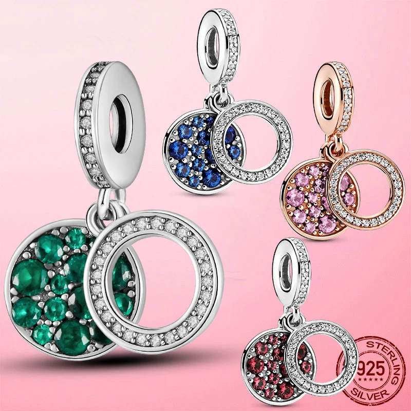 

2021 New 925 Sterling Silver Green Disc Double Dangle Charm Pendant Fit Original Pandora Bracelet Necklace Silver 925 Jewelry