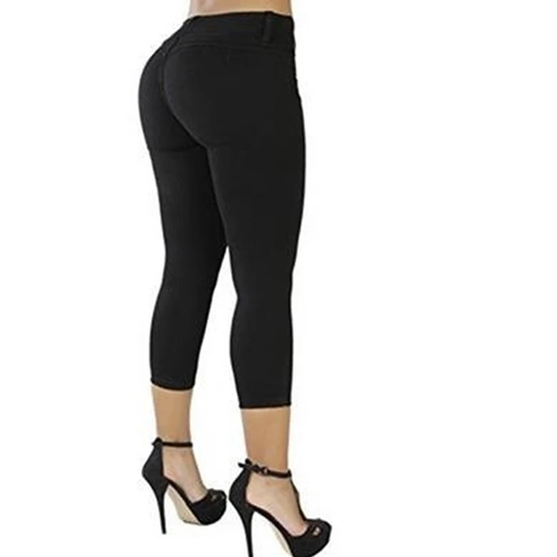 

2019 Plus Size Women Sexy Casual Cropped Pants Solid Color Button Fly Waist Slim Trousers Breathable Elastic Pencil Pants