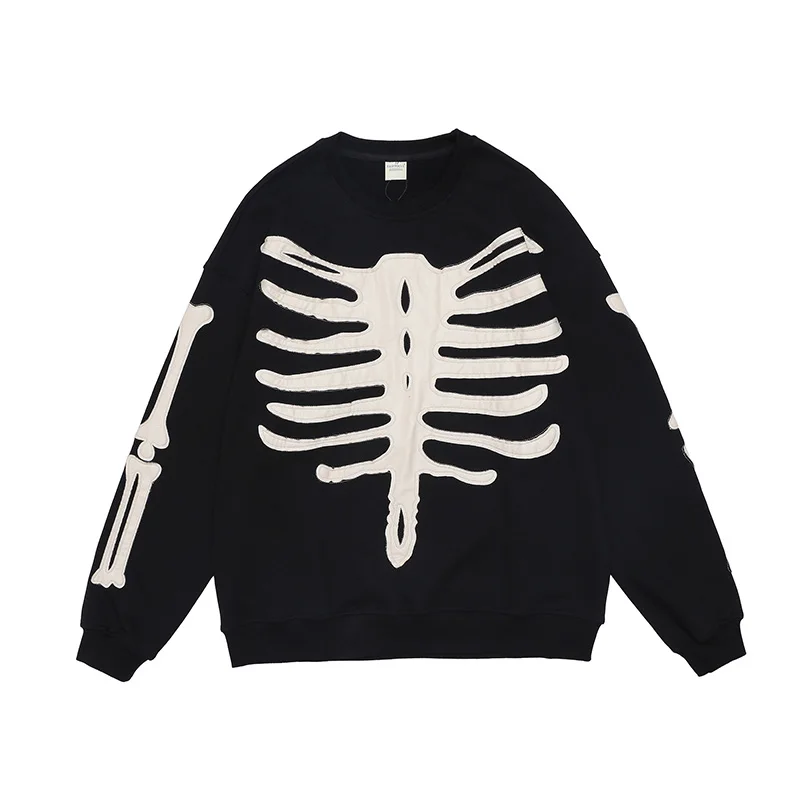 

Skull and Bone Embroidery Streetwear Terry Mens and Womens Sweatshirts Oversize Vibe Style Retro Crew Neck Casual Hoodies