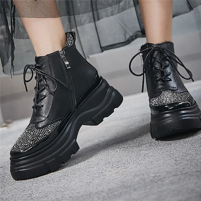 FEDONAS Winter Basic Women Ankle Boots Rhinestone Casual Platform Shoes Woman Genuine Leather High Heeled Party Short Boots