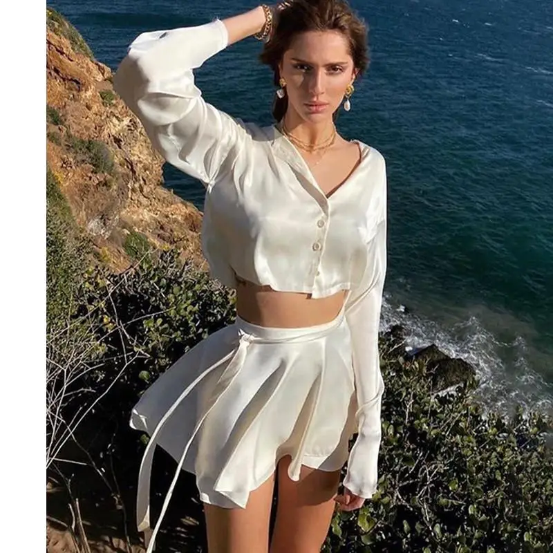 Женский атласный комплект из двух предметов элегантный короткий топ с длинным