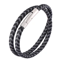 retro men women jewelry black gray multilayer braided leather bracelet stainless steel buckle fashion woven bangle gift sp0496