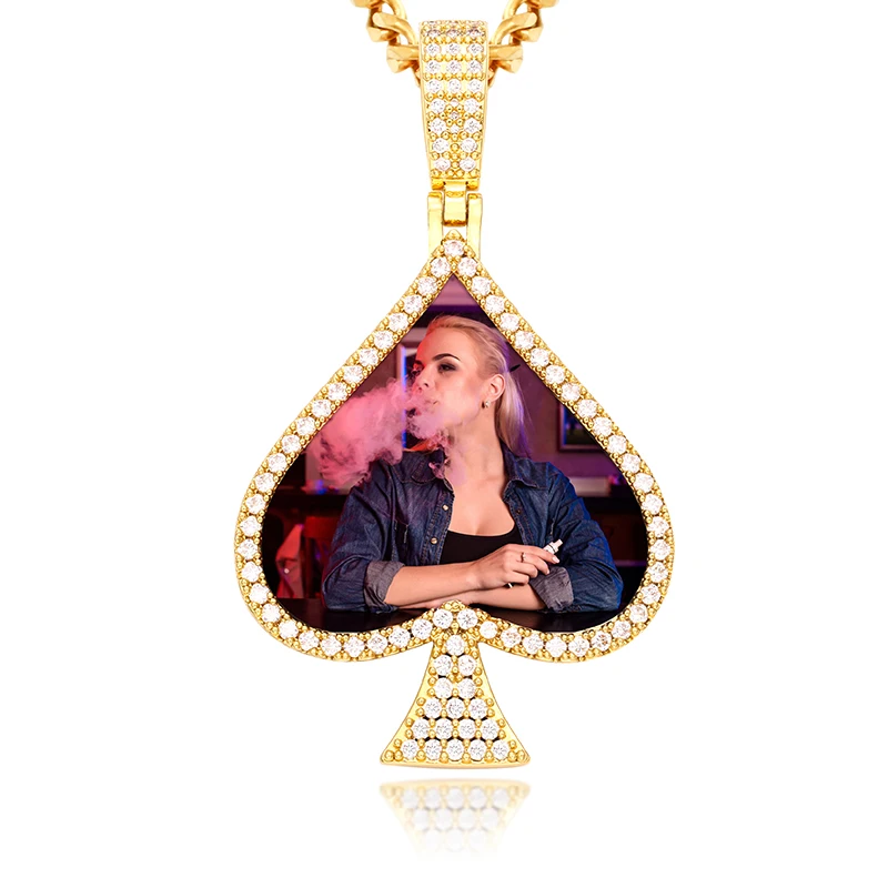 

Специальная покерная подвеска, сердце, персик, сделанное на заказ ожерелье с фото с блестящим фианитом, кубическим кристаллом, Золотая цепо...