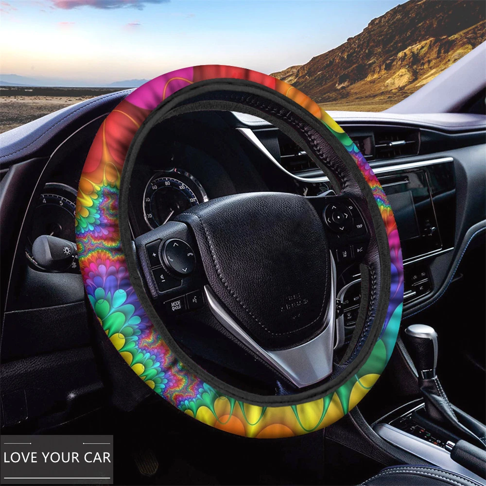 

Bohemian Flower Tie-dye Prints Steering Wheel Cover Set For Women Summer Breathable Car Steering Wheel Cover