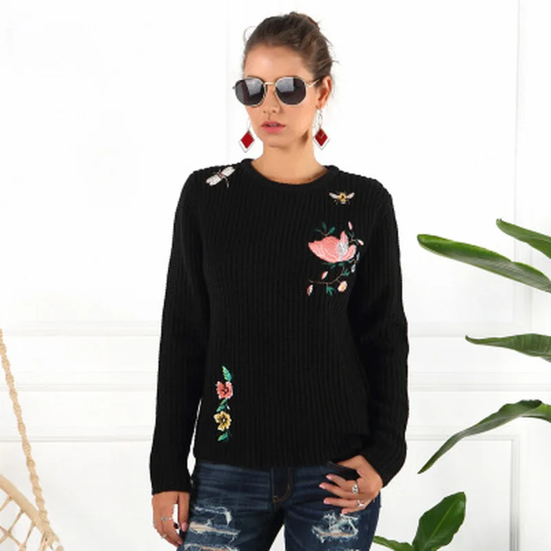 Autumn winter fashion animal embroidery knitted sweater women slim cute pullover ladies kawaii sweaters long sleeve tops warm | Женская