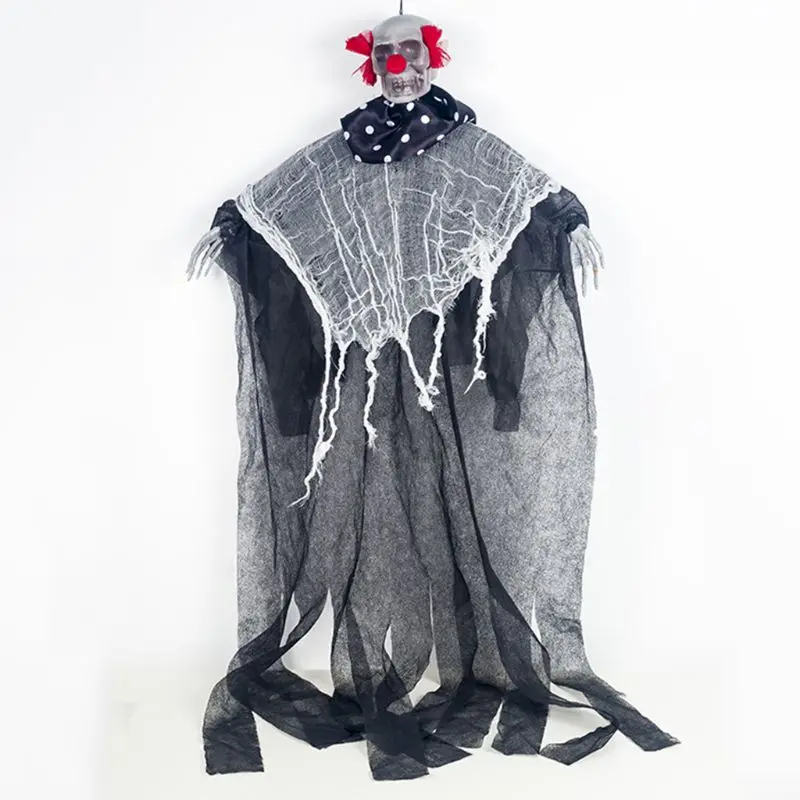 

Halloween Scary Door Hanging Ghost with Skull Face Clown Fake Curl Hair Ornament Party Haunted House Horror Bar Decoration Props