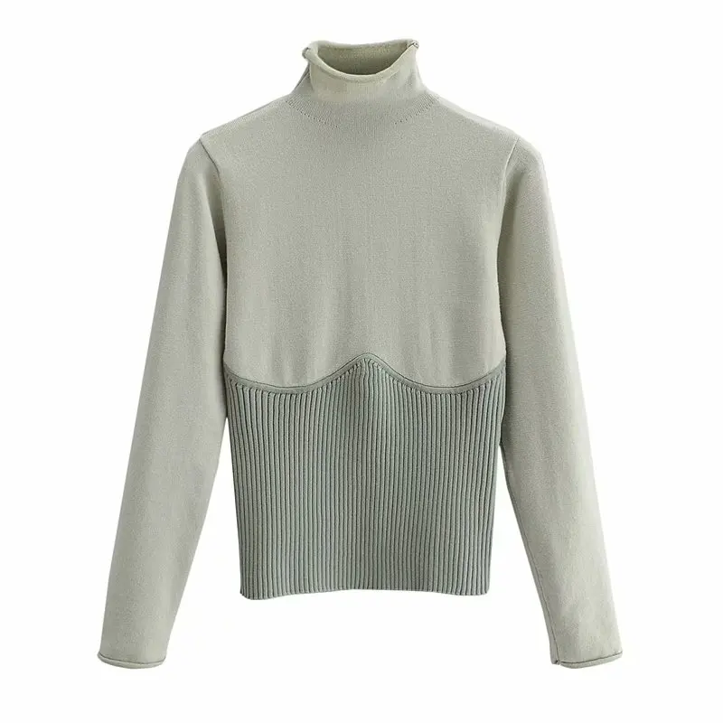 

Za Women Winter Patchwork Turtleneck Knit Sweater 2021 Long Sleeve Pronounced Seam Slim Pullover Female Chic Knitted Top