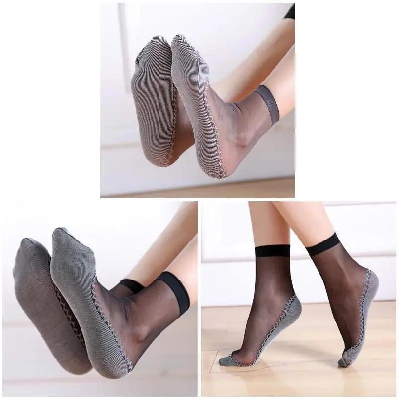 

1 Pair Spring Summer Women Soft Socks Casual Non-Slip Bottom Splice Fashion Transparent Ladies Girls Thin Silk Sock ALI8
