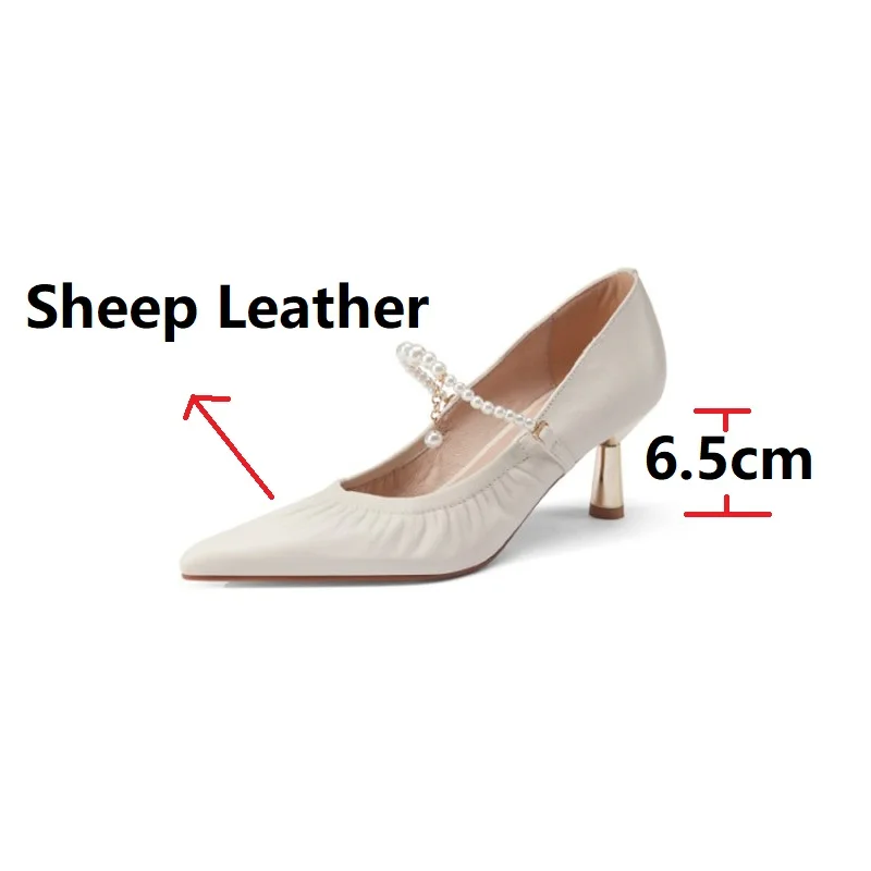 

Top Quality Soft Sheep Skin Leather Shoes for Women Spring Autumn Pleated Elegant Pearls Chain Party Shoes Thin High Heels Pumps