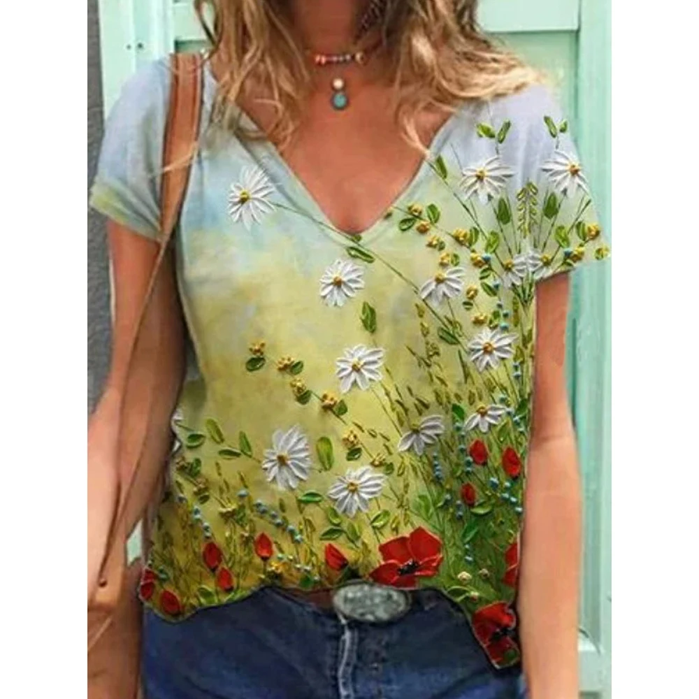 

Женская футболка с коротким рукавом, V-образным вырезом и принтом бабочек