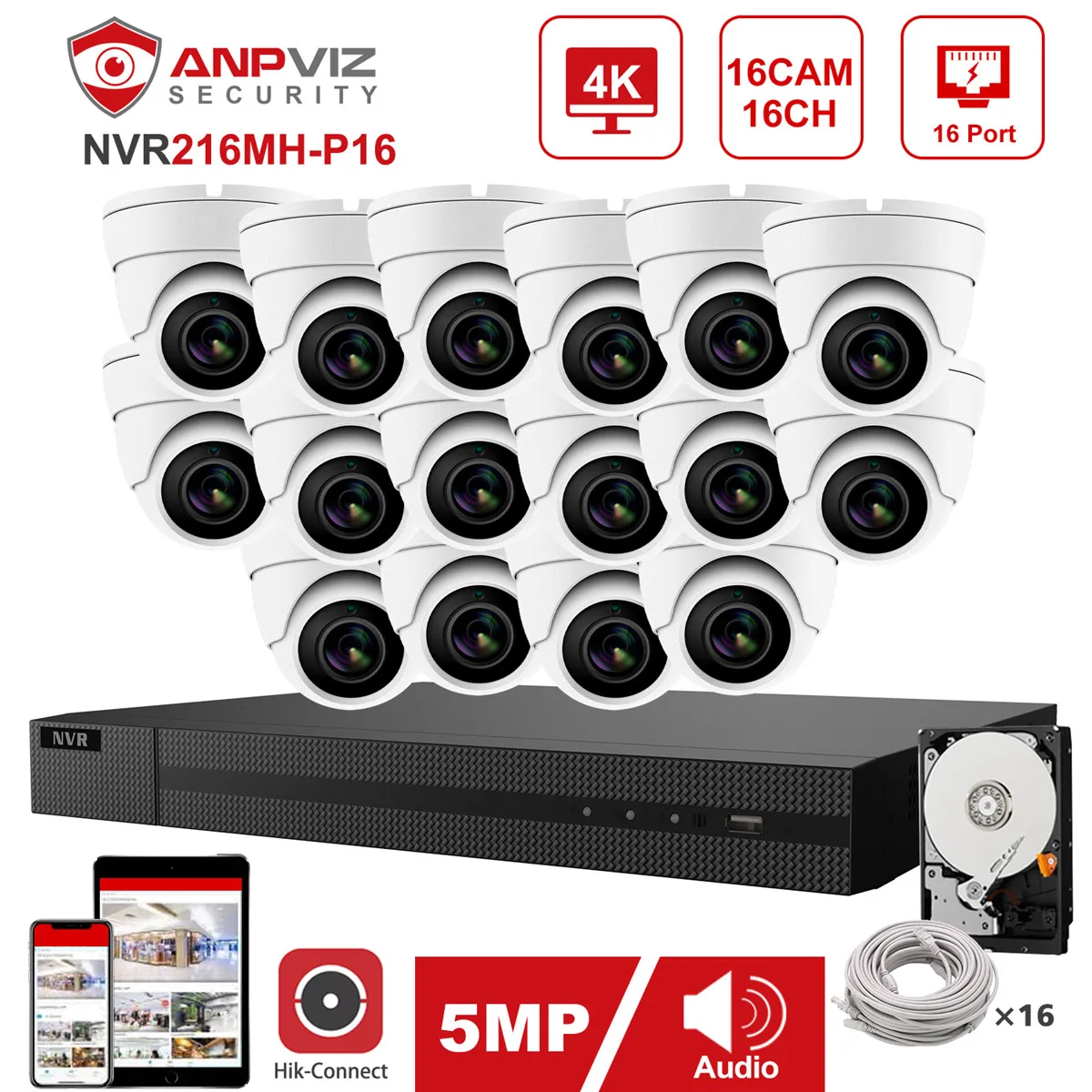 Hikvision OEM 16CH 4K NVR Kit Anpviz 5MP POE IP Camera System 16pcs Indoor/Outdoor Security IP66 Plug & Play|Система наблюдения| |
