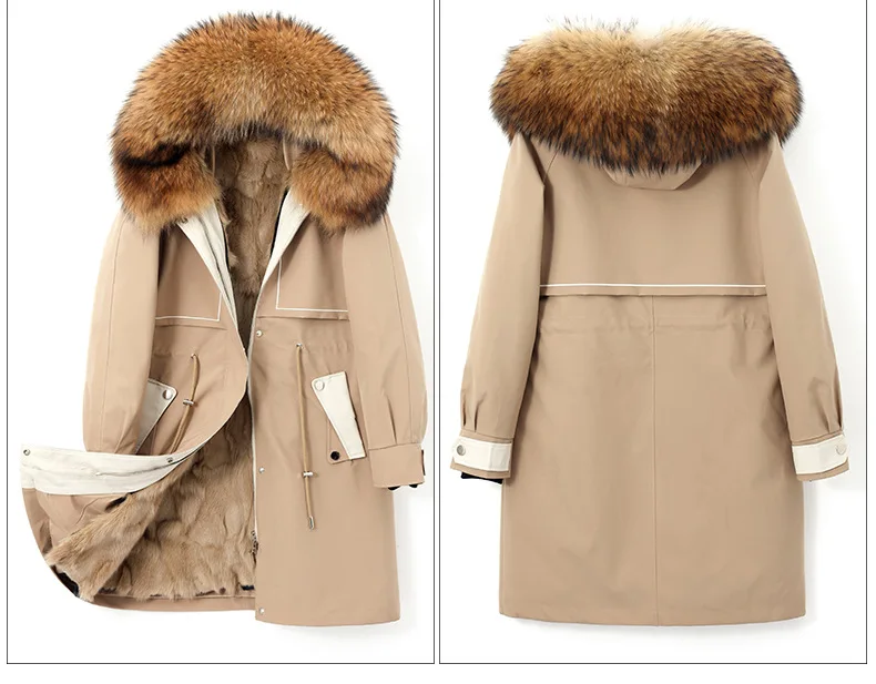 Natural Fox fur Lining Parka Coat women's winter Mid-length Real Fox Fur Coat Raccoon Dog Fur collar Warm Thick Parkas jacket