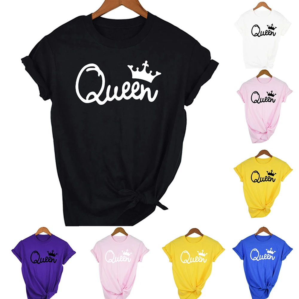 

Casual Round Neck Tops Lovers Ladies Tee Shirt Queen Couples Women T Shirt Crown Printing Couple Clothes Summer Clothing