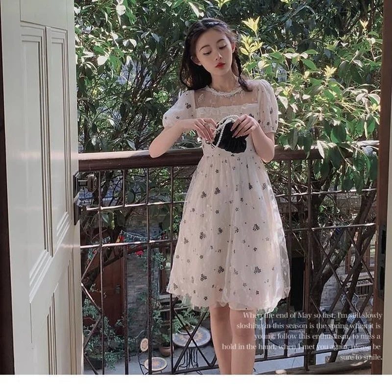 

Short Sleeve Elegant Dresses Women Floral Design Casual Vintage Dress Korean Lace-Up 2021 Summer Female Sexy One Piece Dresses