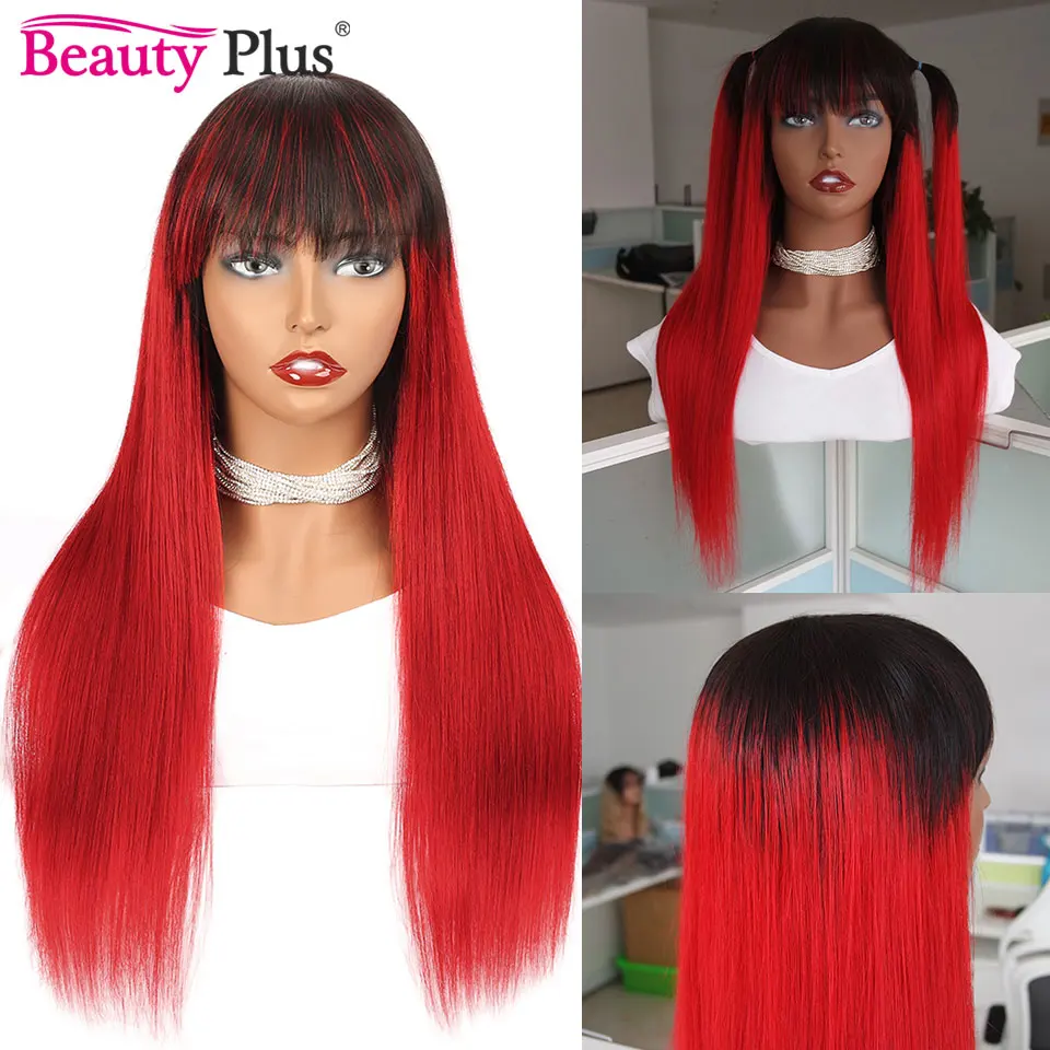 

Flaming Red Human Hair Wigs With Bang 30" Malaysian Remy Silky Straight Human Hair 200 Density 1B Black Full Machine Fringe Wigs