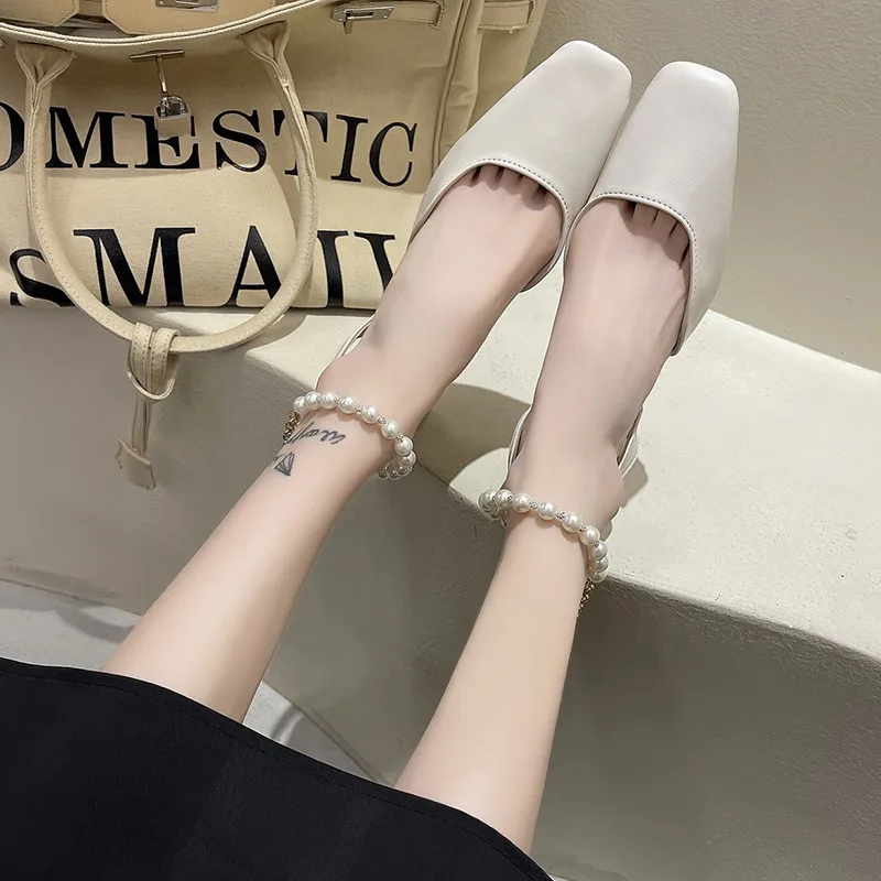 

Med Female Sandal Clear Heels Mary Jane Black Shoes for Women 2021 Summer Medium Girls Beige Pearl Comfort Fashion New Closed