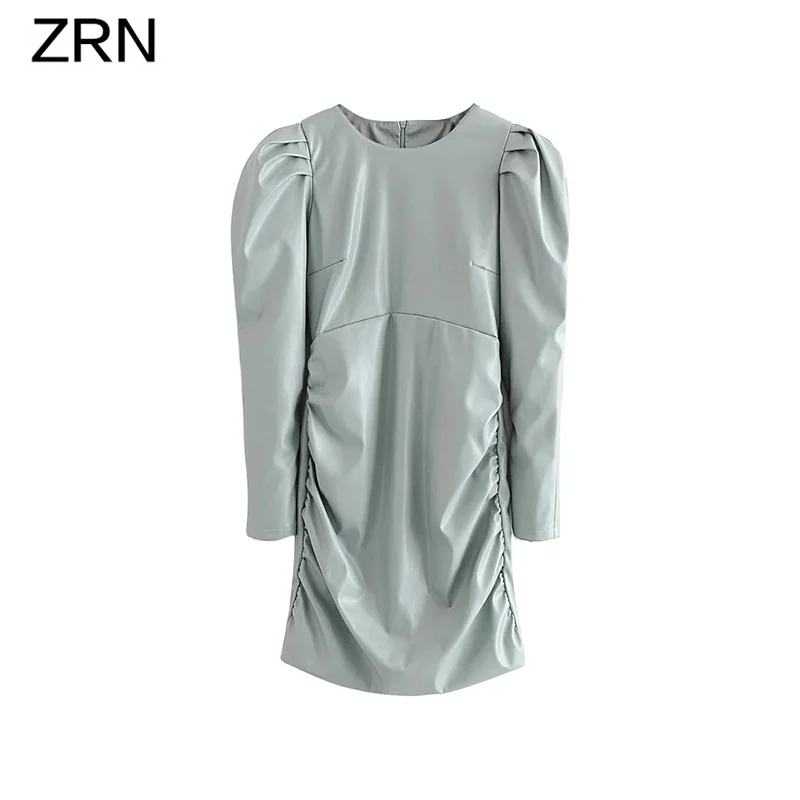 Женское винтажное платье из искусственной кожи с длинным рукавом и молнией сзади