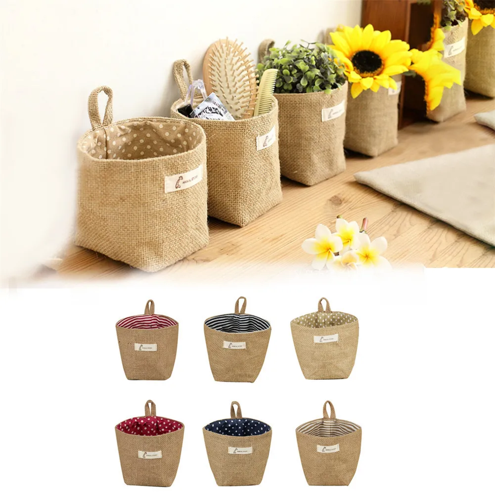 

Jute Desktop Storage Basket Cotton Linen Hanging Pocket Small Sack Sundries Storage Box With Handle Cosmetic Storage Bag
