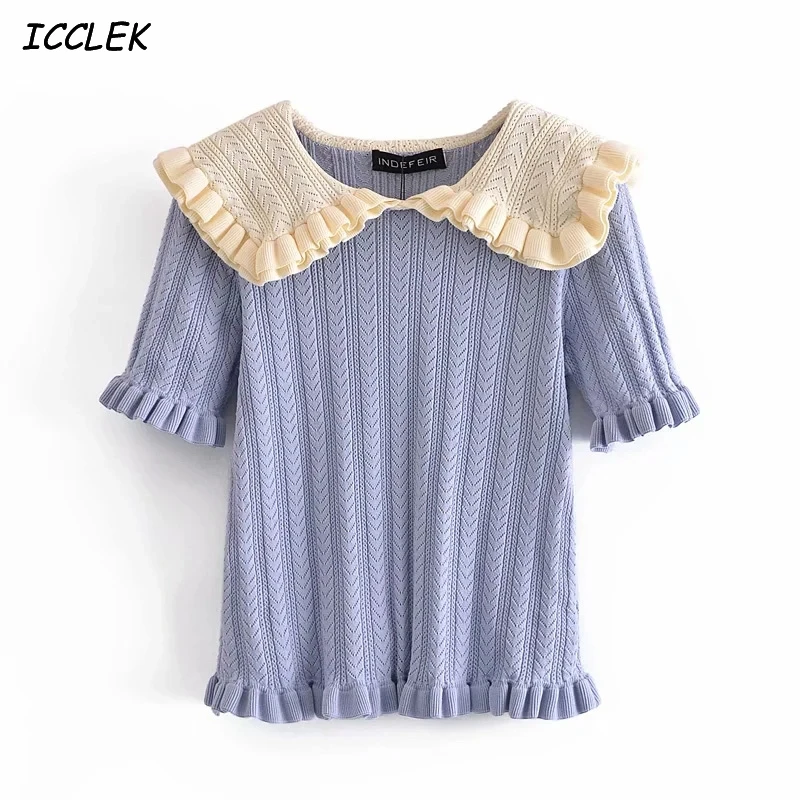 

Za Women's Knitted Tops Blouses Short Sleeves Femme Patchwork Slim Knitwears Cropped Vintage Cute Sweaters Spring 2021 TRF Chic