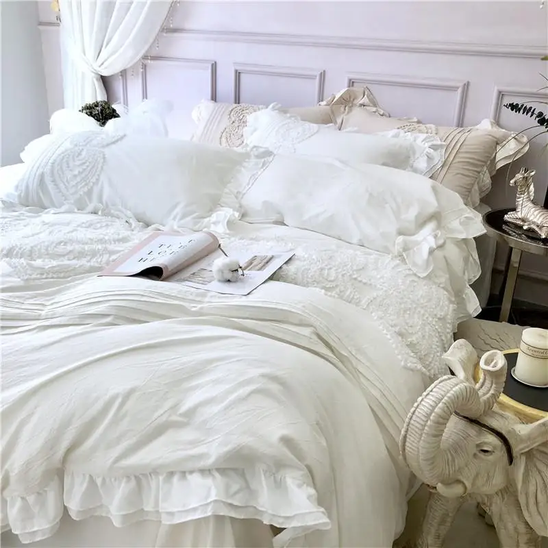 

Luxury Soft Cotton bedclothes Blue Pink White bedding sets queen king size bed sheet set, duvet cover ropa de cama/linge de lit