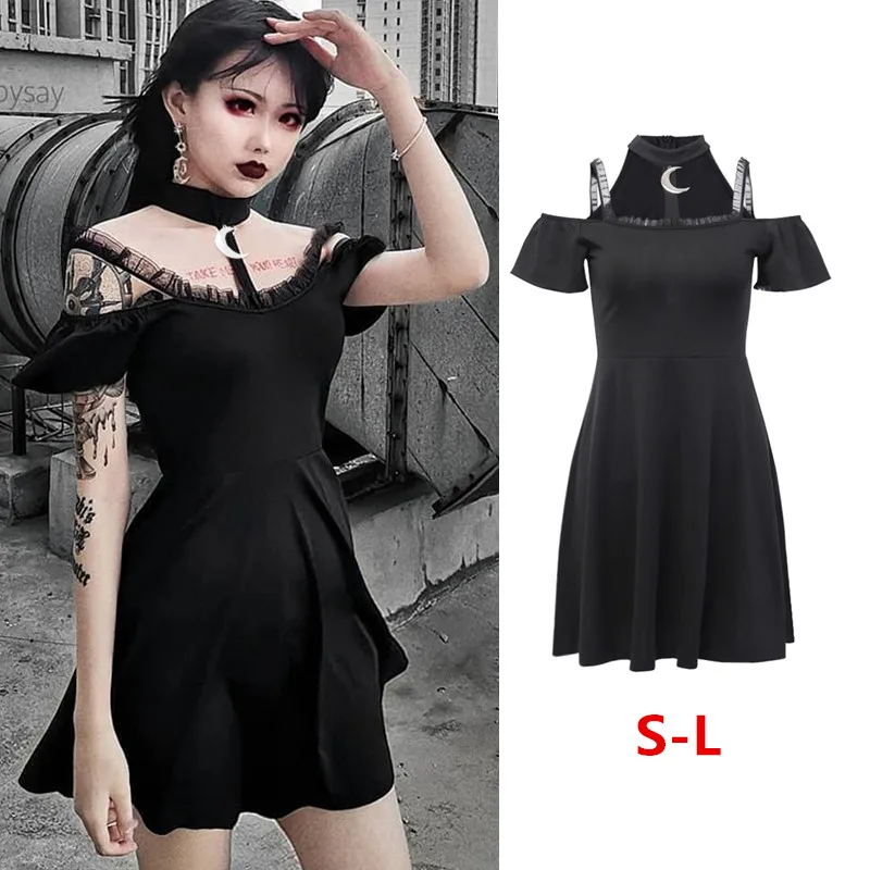 

Hanging Neck Dress for Lady Lace Gothic Black Dress Female Casual Frock with Accessories Short Sleeve Dark Streetwear