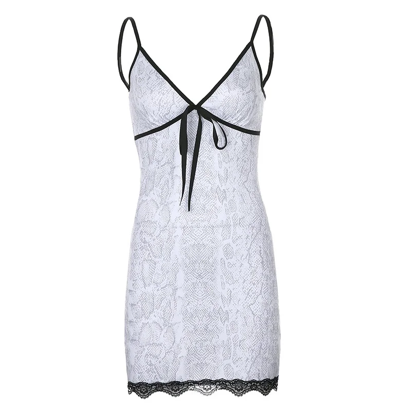 

Women Dress Spring 2021 New Lace Edge Stitching Lace Up Dress Snake Print Contrast Deep V-neck Sexy Suspender Dress For Women