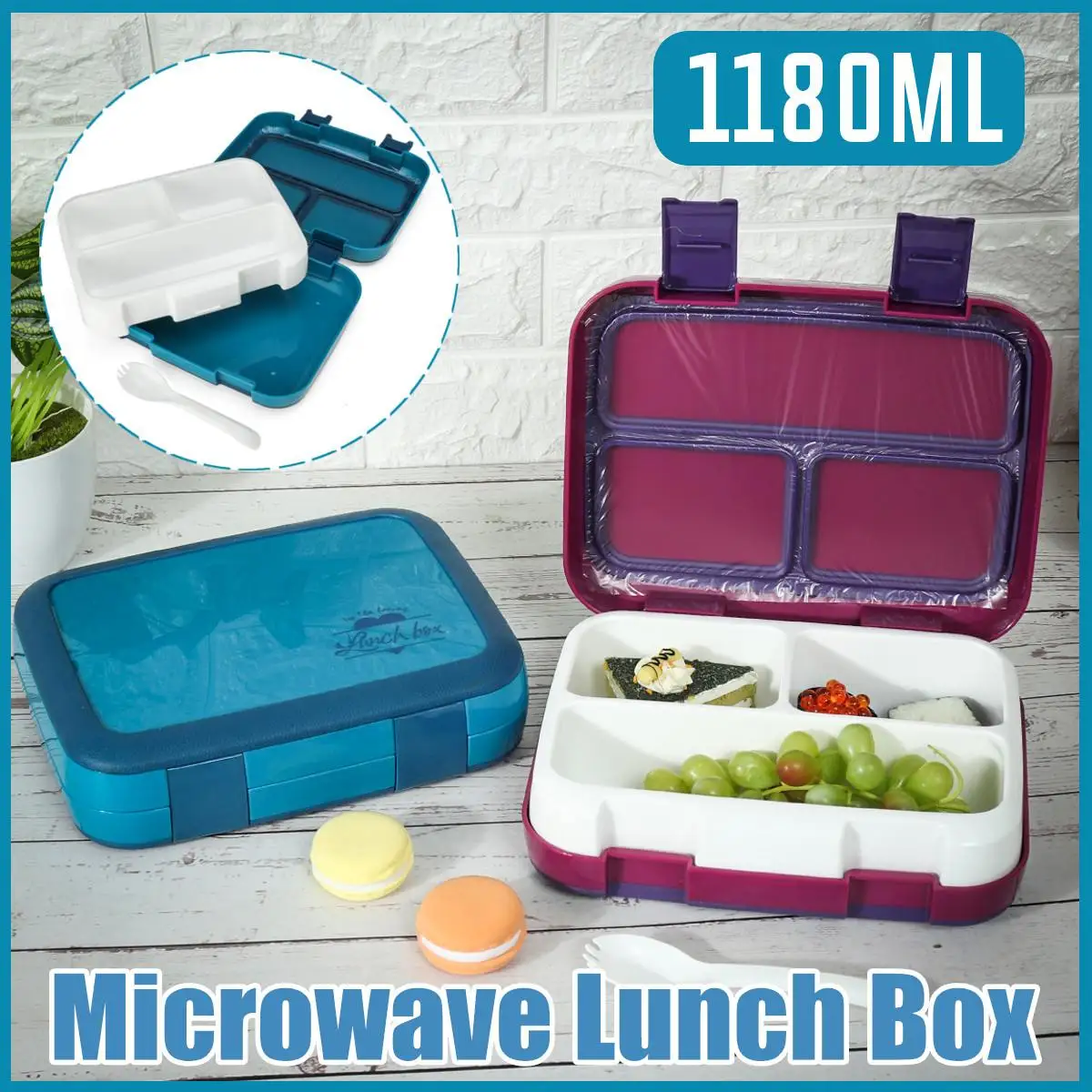 

3 Grids Microwave Insulated Leakproof Lunch Box Student School Tableware Bento Food Container Storage Breakfast Boxes + Spoon